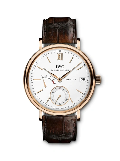 Iwc Schaffhausen Men's Portofino 18k 5n Gold & Alligator Strap Hand-wound 8 Days Watch In Brown