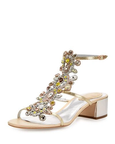 René Caovilla Jeweled Snakeskin T-strap Sandal In Gold
