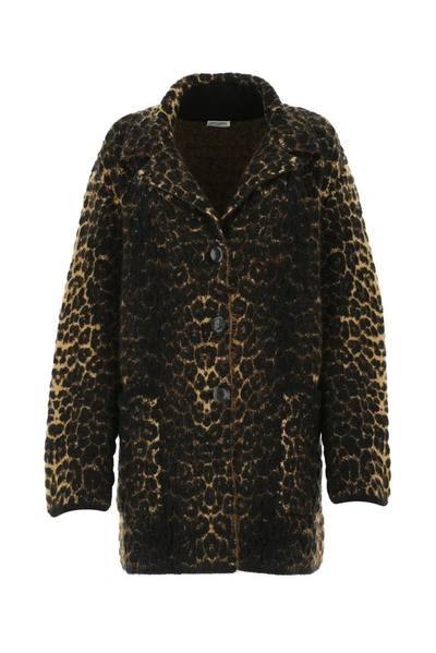 Saint Laurent Leopard Motif Wool And Mohair Coat In Beige