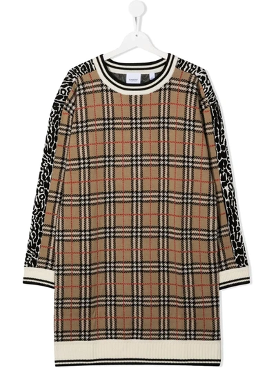 Burberry Kids' Beige Dress For Girl With Animalier Prints In Neutrals