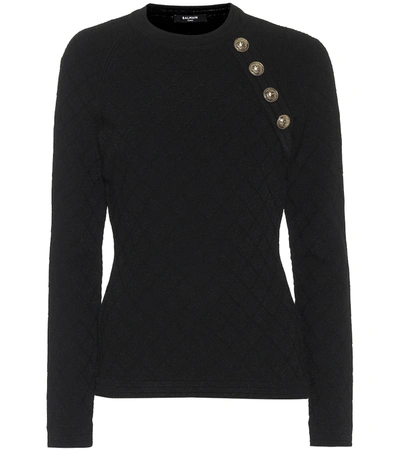 Balmain Button Detailed Diamond Knit Sweater In Black