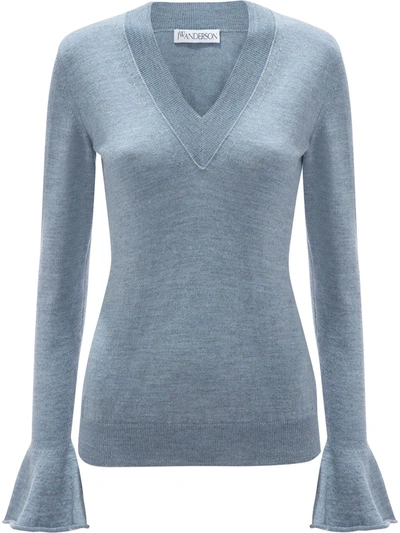 Jw Anderson Flared Cuff V-neck Jumper In Blue