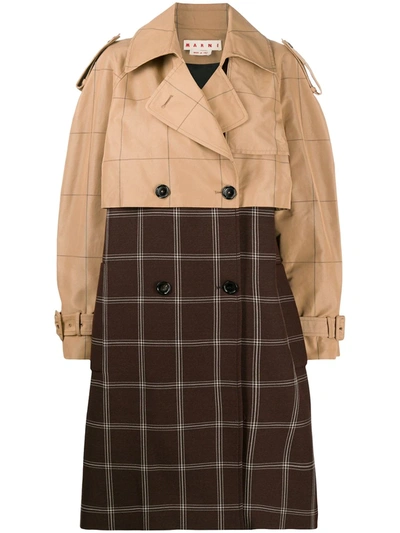Marni Two-tone Checkered Trench Coat In Brown