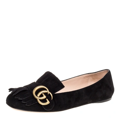 Pre-owned Gucci Black Suede Leather Gg Marmont Fringe Detail Ballet Flats Size 36.5