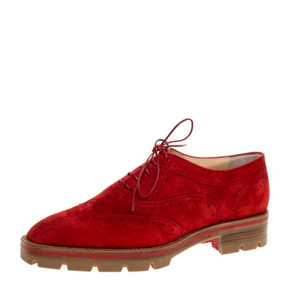 Pre-owned Christian Louboutin Red Brogue Suede Leather Charletta Oxfords Size 38.5