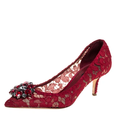 Pre-owned Dolce & Gabbana Red Lace Bellucci Crystal Embellished Pumps Size 40