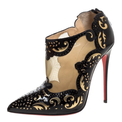 Pre-owned Christian Louboutin Black Patent Leather And Mesh Madolina Lazer Cut Ankle Booties Size 38
