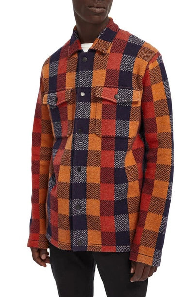 Scotch & Soda Check Knit Wool Blend Shirt Jacket In Red
