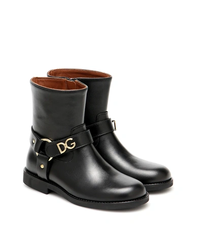 Dolce & Gabbana Kids' Embellished Leather Ankle Boots In Black
