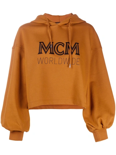 Mcm Cropped Logo Drawstring Hoodie In Brown