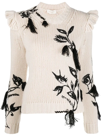 Zimmermann Ladybeetle Shoulder Frill Embroidered Merino Wool Sweater In White