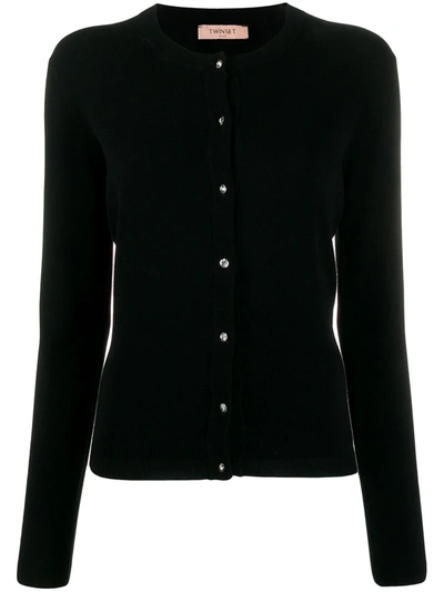 Twinset Cardigan With Rhinestone Button Closure In Black