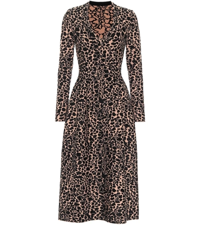 Alaïa Leopard Jacquard V-neck Long-sleeve Midi Dress