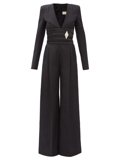 Alexandre Vauthier Embellished Pleated Satin-paneled Wool-crepe Jumpsuit In Black