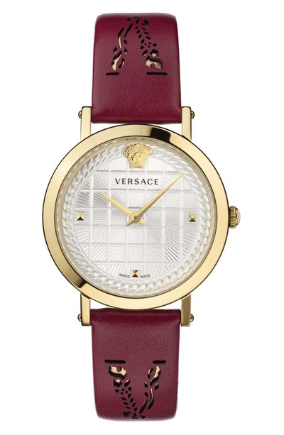 Versace Virtus Texture Dial Leather Strap Watch, 37mm In Red/ White/ Gold