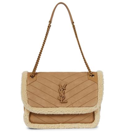 Saint Laurent Niki Ysl Monogram Medium Nubuck & Shearling Shoulder Bag In Tan/cream