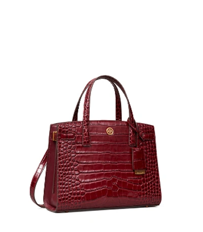 Tory Burch Walker Embossed Small Satchel In Claret