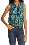 Tanya Taylor Adalira Tie Neck Sleeveless Silk Georgette Top In Cutwork Floral Navy