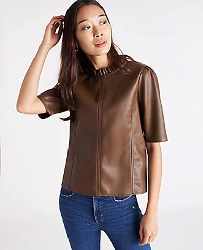 Ann Taylor Faux Leather Ruffle Neck Top In Chestnut Brown
