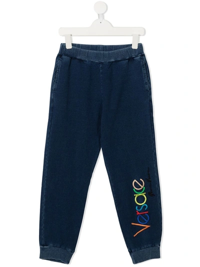 Young Versace Kids' Embroidered Logo Track Trousers In Blue