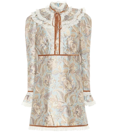 Zimmermann Ladybeetle Lace And Velvet-trimmed Printed Wool And Silk-blend Mini Dress In Beige,light Blue,brown