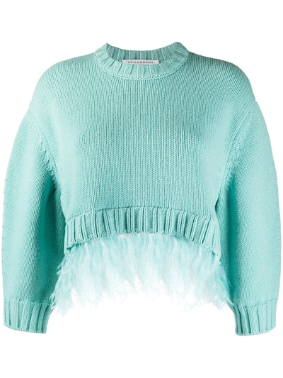 Philosophy Di Lorenzo Serafini Cropped Sleeve Feather Trim Jumper In Blue