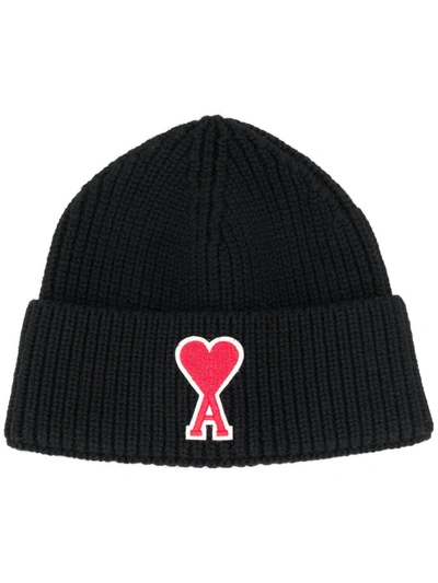 Ami Alexandre Mattiussi Logo-patch Knitted Beanie Hat In Black
