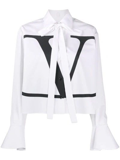Valentino Logo Print Cotton Shirt W/ Flared Cuffs In White
