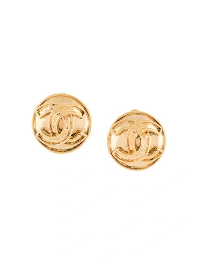 Pre-owned Chanel 1994 Cc Button Earrings In Gold