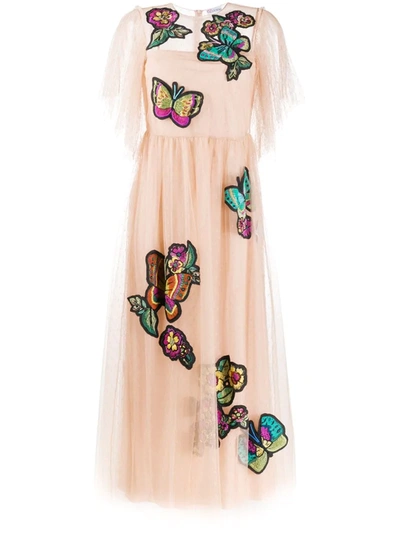 Red Valentino Butterfly Patches Point D'esprit Dress In Neutrals