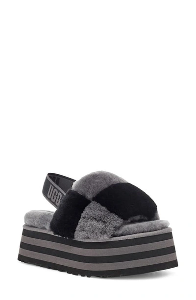 Ugg Disco Check Genuine Shearling Slingback Platform Slipper In Black/ Dark Grey