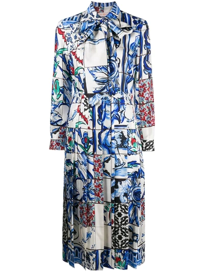 Tory Burch Floral Print Tie Neck Silk Dress In Tile Mosaic