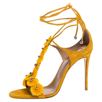 Pre-owned Aquazzura Yellow Suede And Fabric Exotic T Strap Ankle Wrap Sandals Size 40