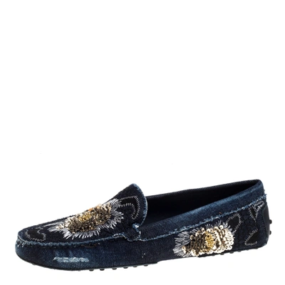 Pre-owned Tod's Blue Denim Fabric Sequin Embellished Slip On Loafers Size 37.5