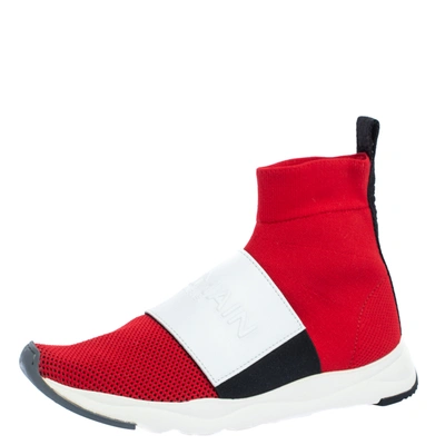 Pre-owned Balmain Red/white Stretch Knit And Leather Embossed Logo High Top Trainers Size 36.5