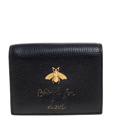 Pre-owned Gucci Black Leather Bee Blind For Love Compact Wallet