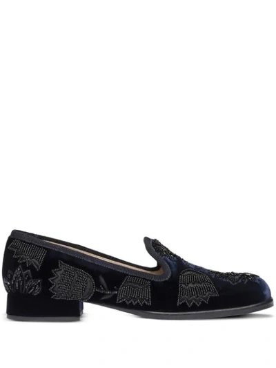 Miu Miu Beaded Velvet Square-toe Slippers In Blue