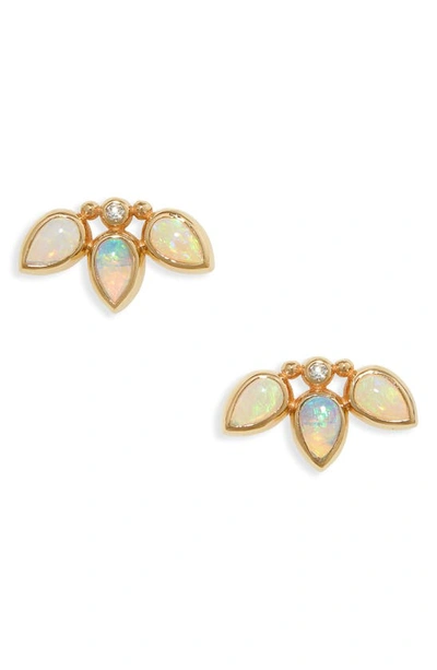 Anzie Bezel Bouquet Fan Stud Earrings | Gemstones/yellow Gold/diamond In Opal