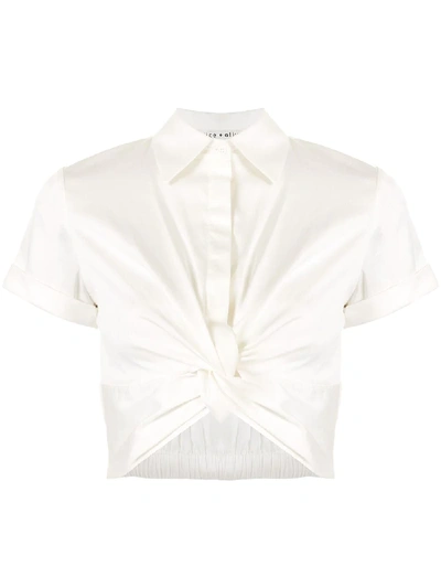 Alice And Olivia Phebe Front Knot Stretch Cotton Blouse In White