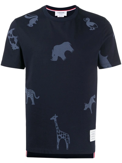 Thom Browne Cotton T-shirt With Animal Print In Blue