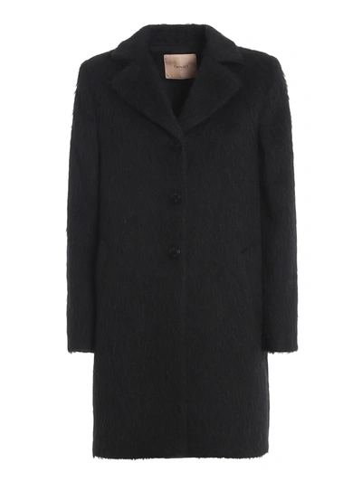 Twinset Brushed Wool Cloth Coat In Black