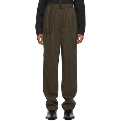 Lemaire Brown Silk Belted Pleat Trousers In 487 Dark Br