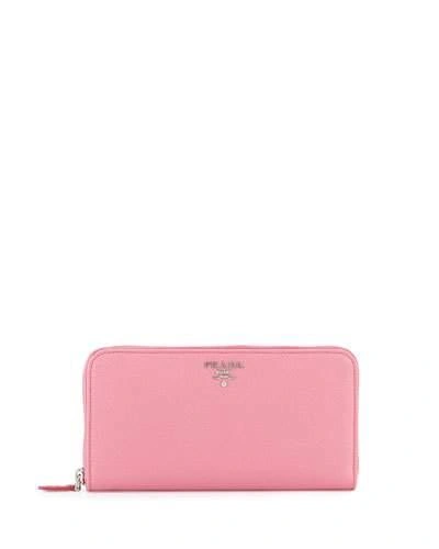 Prada Saffiano Leather Oro Zip-around Wallet, Pink (begonia)