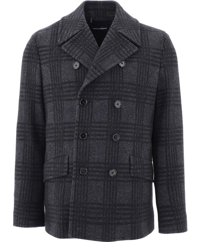 Dolce & Gabbana Double-breasted Pea Coat In Prince Of Wales Wool In Grey