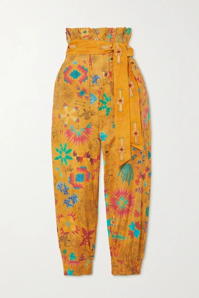 Chufy Belted Printed Cotton-voile Tapered Pants In Mustard