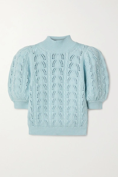 Alice And Olivia Kyoko Pointelle-knit Wool-blend Turtleneck Sweater In Light Blue