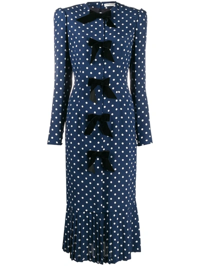 Alessandra Rich Bow-embellished Polka-dot Silk Crepe De Chine Midi Dress In Blue