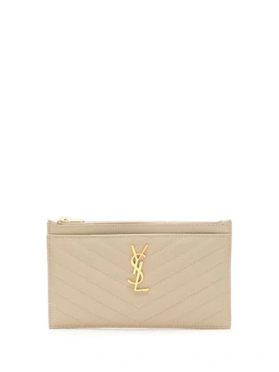 Saint Laurent Monogram Quilted Textured-leather Pouch In Dark Beige