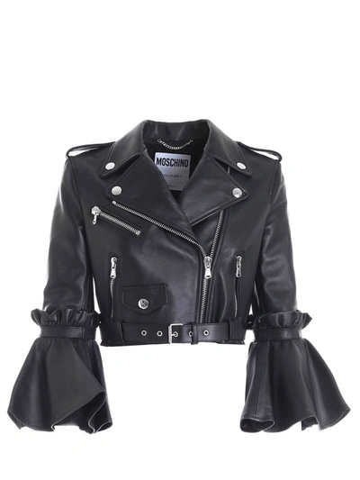 Moschino Black Crop Fit Biker Jacket Featuring Maxi Ruffles