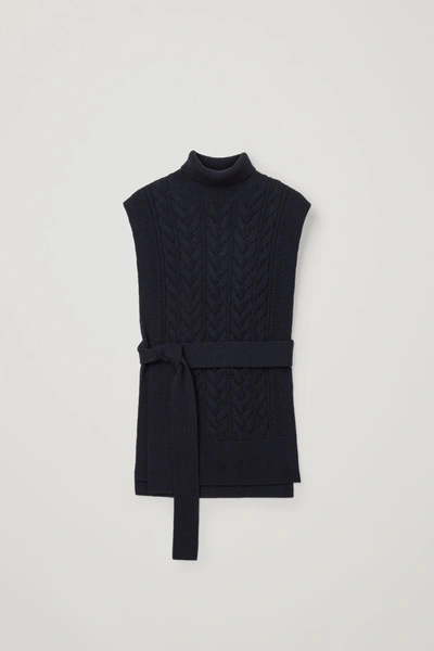 Cos Cable Knit Roll-neck Belted Vest In Blue